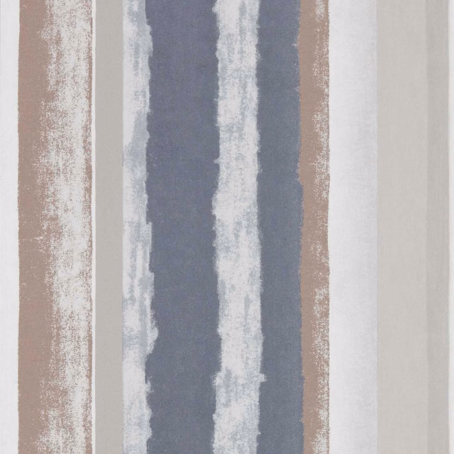 Irregular vertical wallpaper stripes in kohl blue-grey, faded copper and chalk white