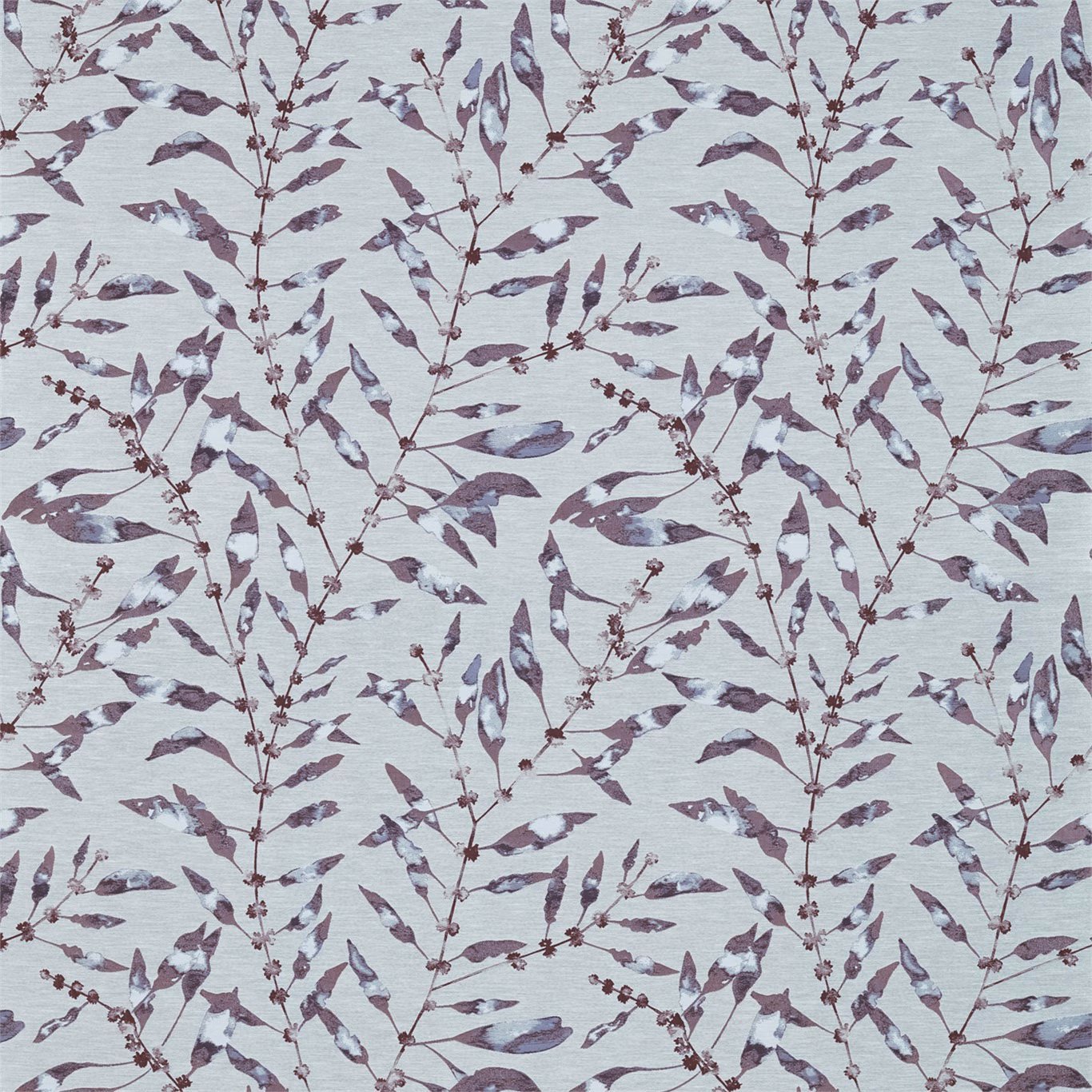 Cool blue-grey fabric with painterly heather-plum branches, leaves and berry clusters