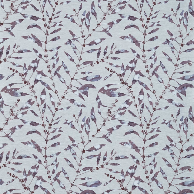 Cool blue-grey fabric with painterly heather-plum branches, leaves and berry clusters