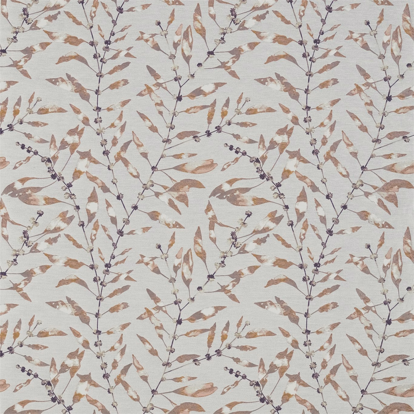 Cream woven ground with dusty mandarin leaves and fig botanical sprigs