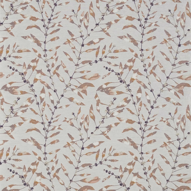 Cream woven ground with dusty mandarin leaves and fig botanical sprigs