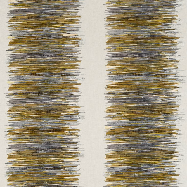 Ochre, zest yellow and steel-grey horizontal brushstrokes forming vertical woven bands