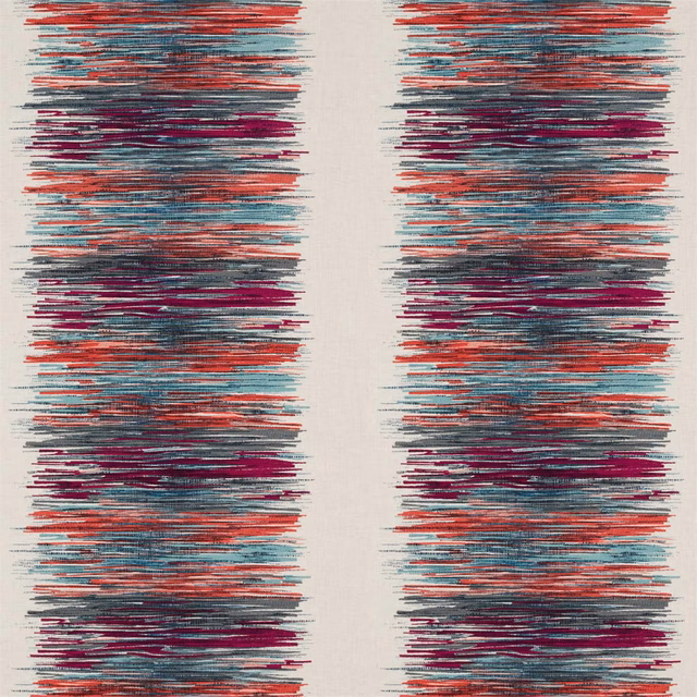 Magenta, marine and coral brushstroke bands across a pale textured woven ground