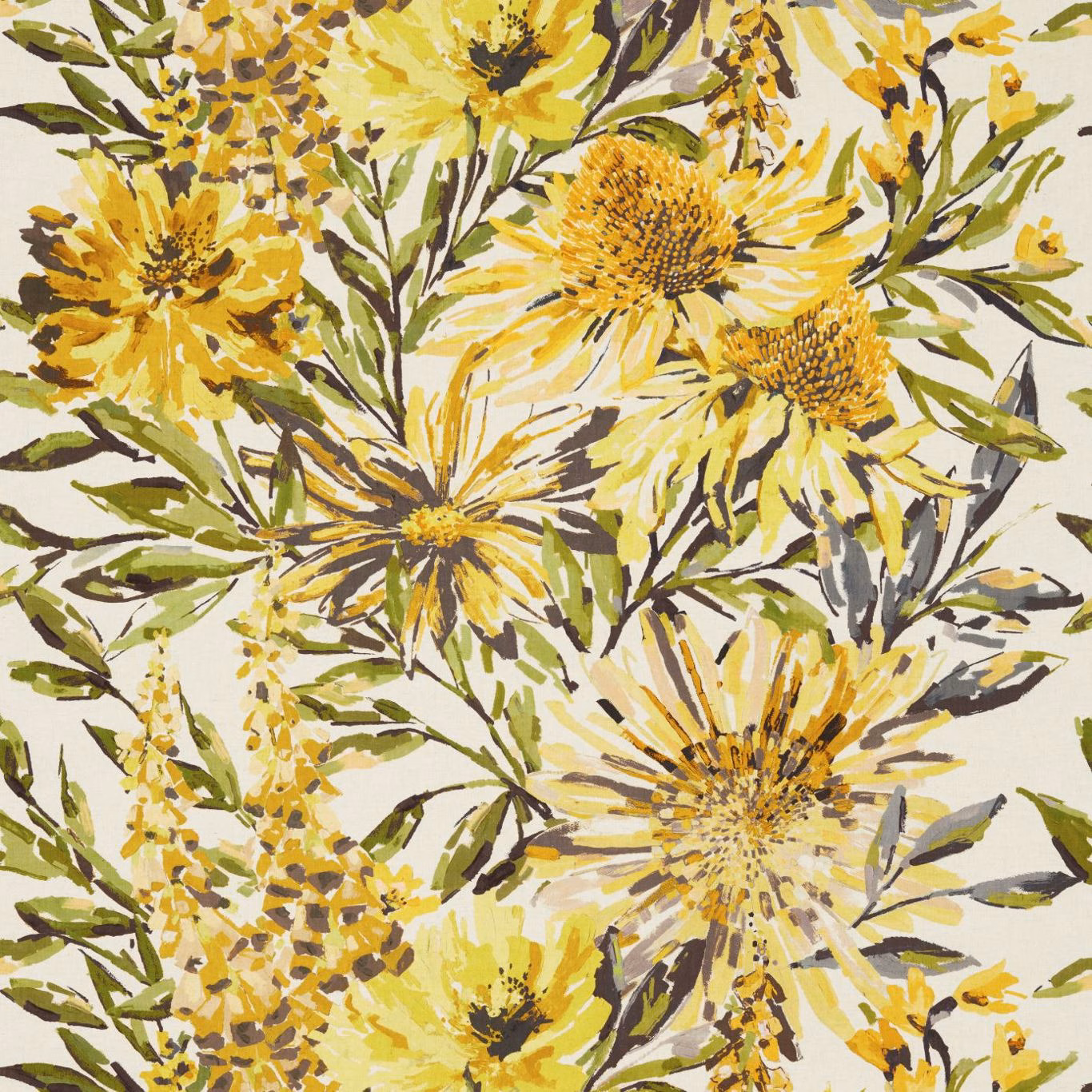 Painterly maize and mustard flowers with sage leaves on a warm ivory ground