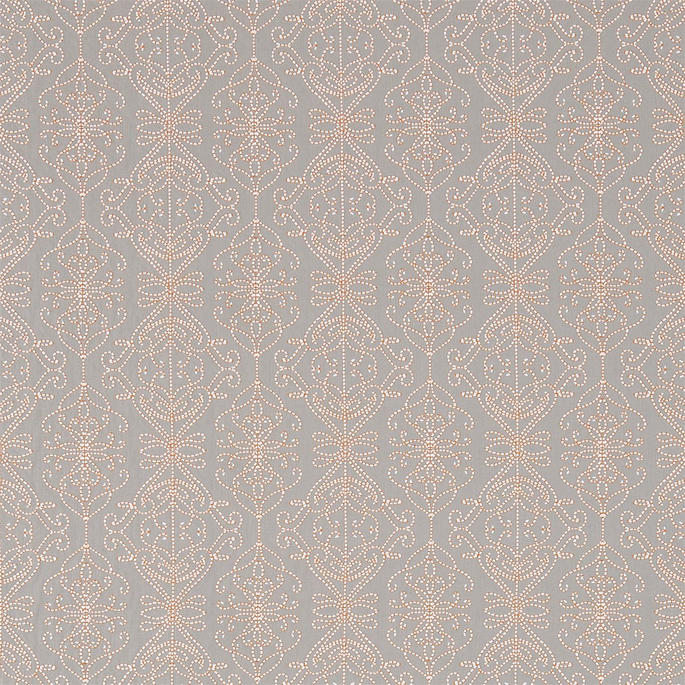 Stone-grey textile with repeating papaya dotted floral medallions and curling foliate motifs