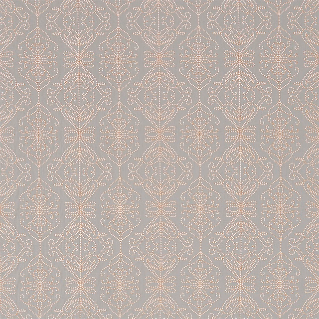 Stone-grey textile with repeating papaya dotted floral medallions and curling foliate motifs