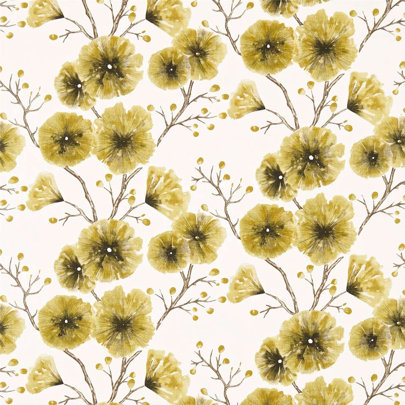 Olive-gold painterly blossoms and twig branches across an ivory floral textile
