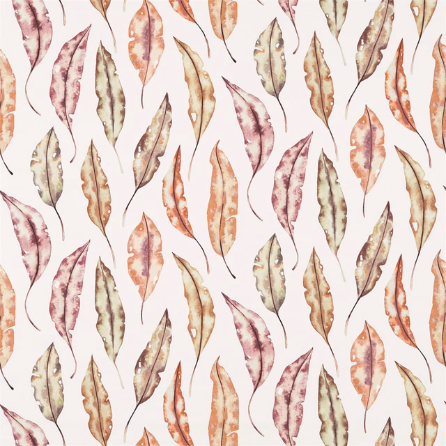 Painterly mandarin, fig-plum, sage and taupe leaves scattered across an ivory ground