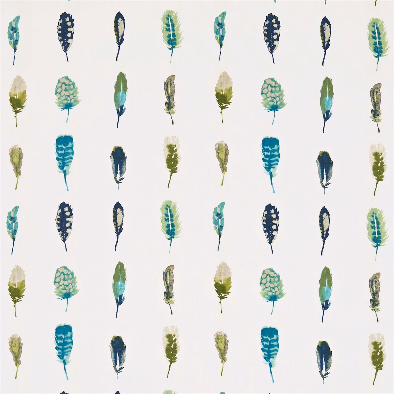 Teal, navy and olive feather motifs arranged on an off-white fabric ground