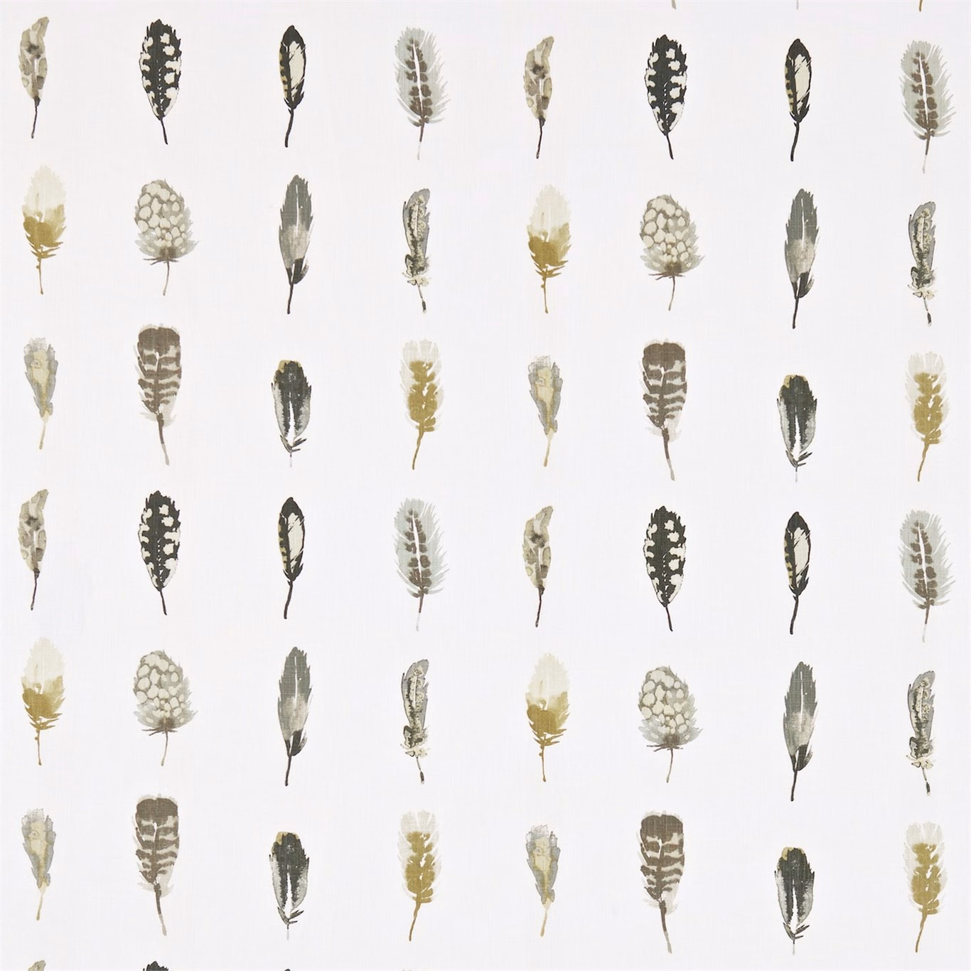 Mustard, cocoa and stone feather motifs arranged on a pale stone fabric ground
