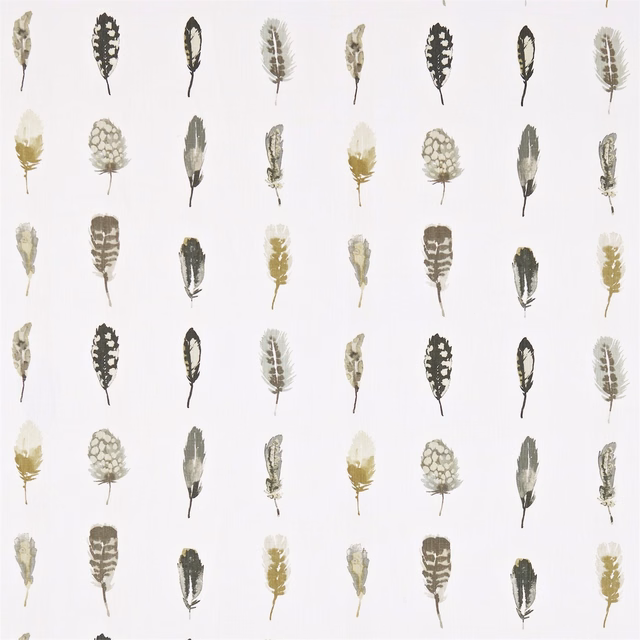 Mustard, cocoa and stone feather motifs arranged on a pale stone fabric ground