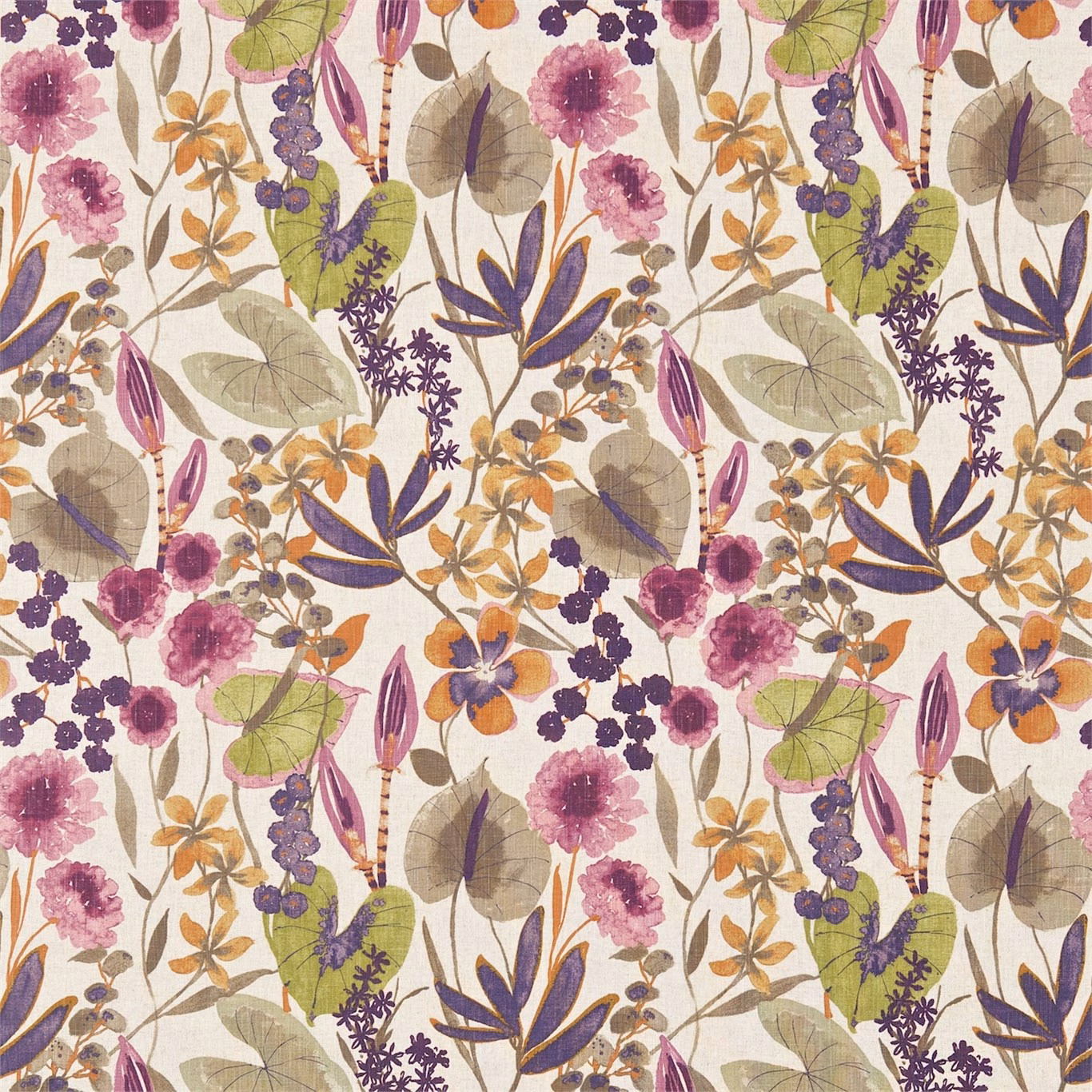 Cream botanical repeat with loganberry blooms, apricot flowers, olive leaves and purple sprigs