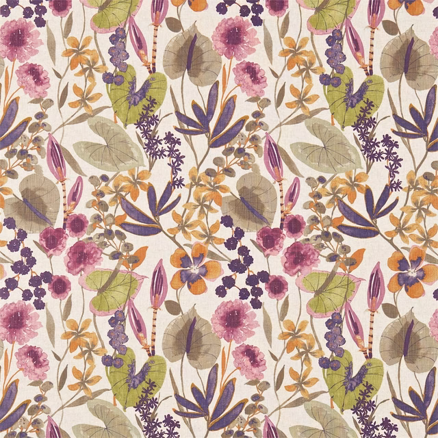 Cream botanical repeat with loganberry blooms, apricot flowers, olive leaves and purple sprigs