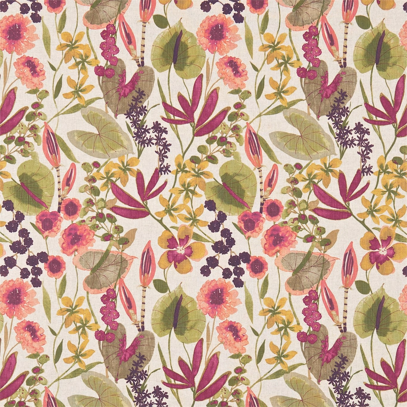 Peach, mango and olive floral fabric with berry blooms on a cream ground