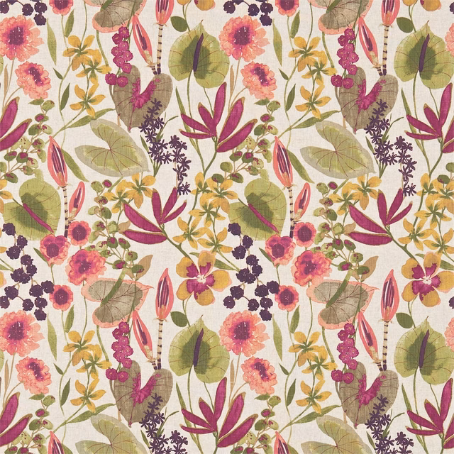 Peach, mango and olive floral fabric with berry blooms on a cream ground