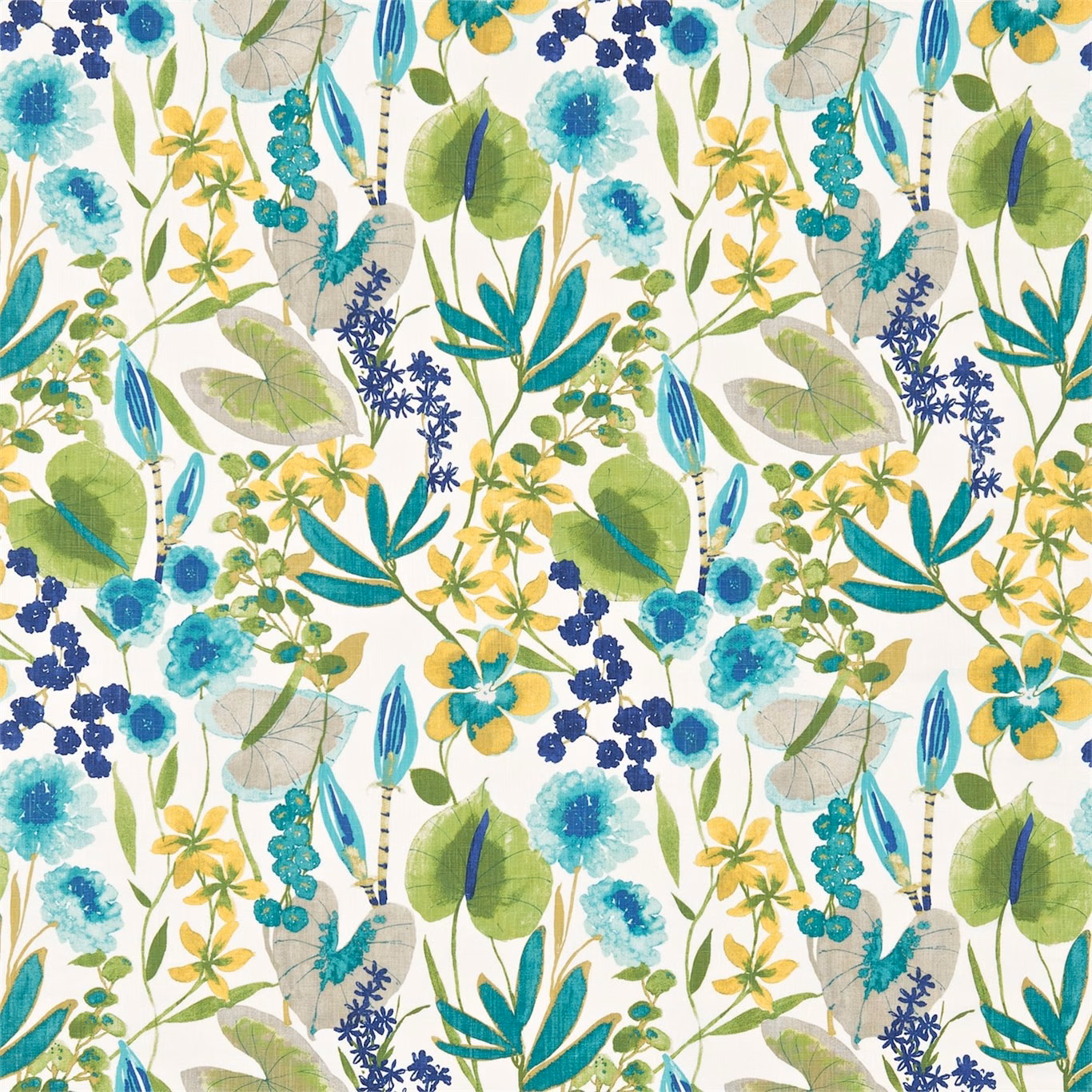Teal, green, navy and yellow botanical flowers and leaves on a light ground