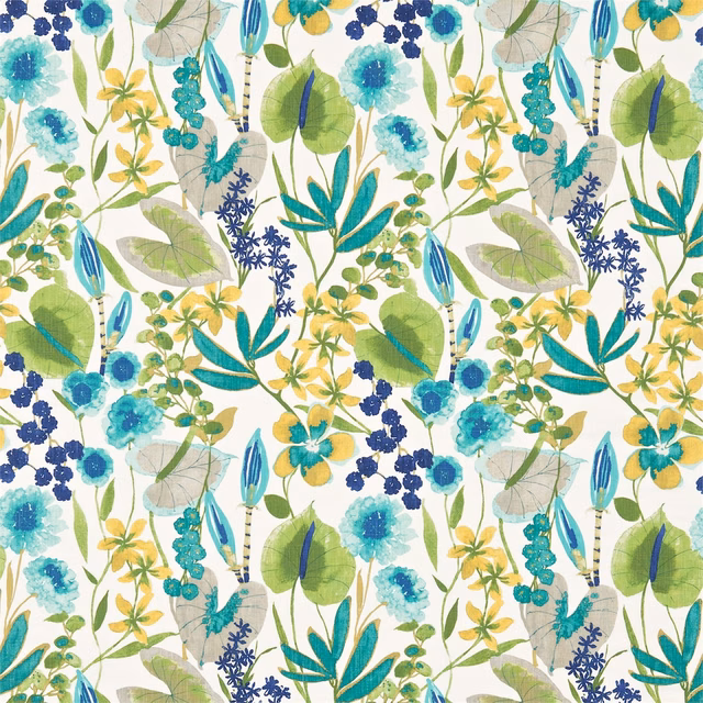 Teal, green, navy and yellow botanical flowers and leaves on a light ground