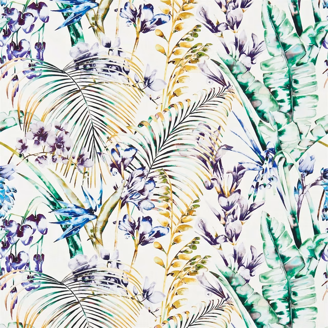 Ivory botanical fabric with purple blooms, emerald leaves, blue accents and ochre stems
