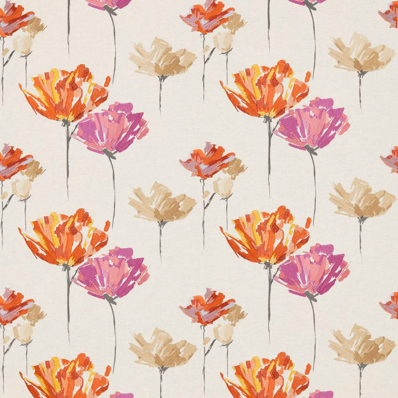 Painterly fuchsia, orange and jute flowers on a textured ivory fabric ground