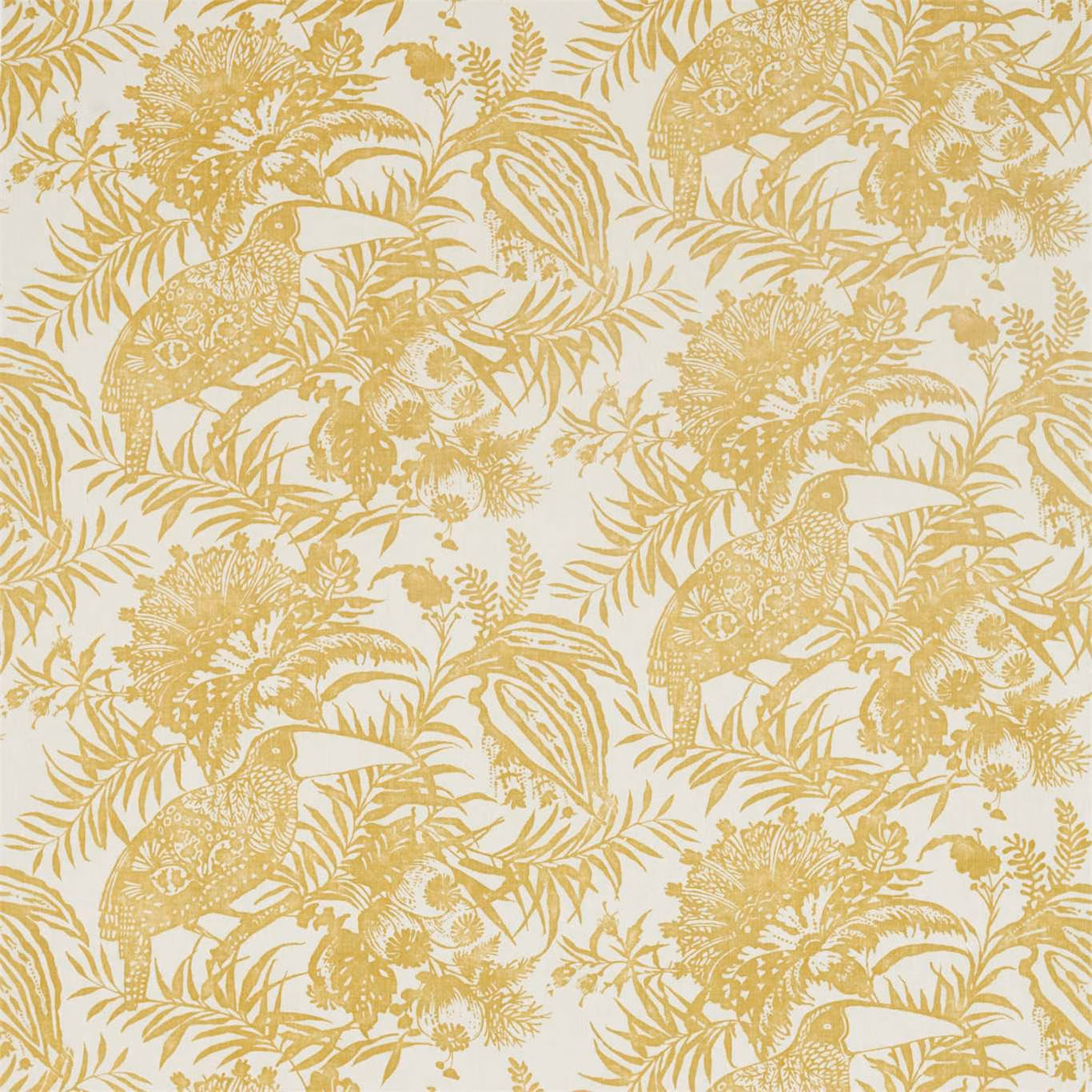 Ivory fabric with warm ochre birds, palms and intricate tropical foliage