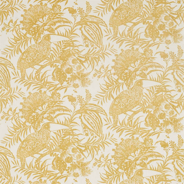 Ivory fabric with warm ochre birds, palms and intricate tropical foliage