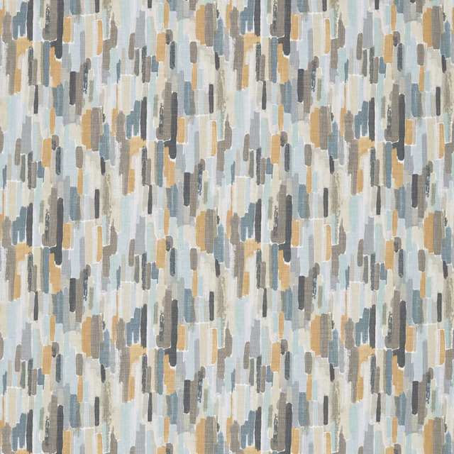Woven abstract bars in mustard, maize, blue-grey, ivory, taupe and seal tones