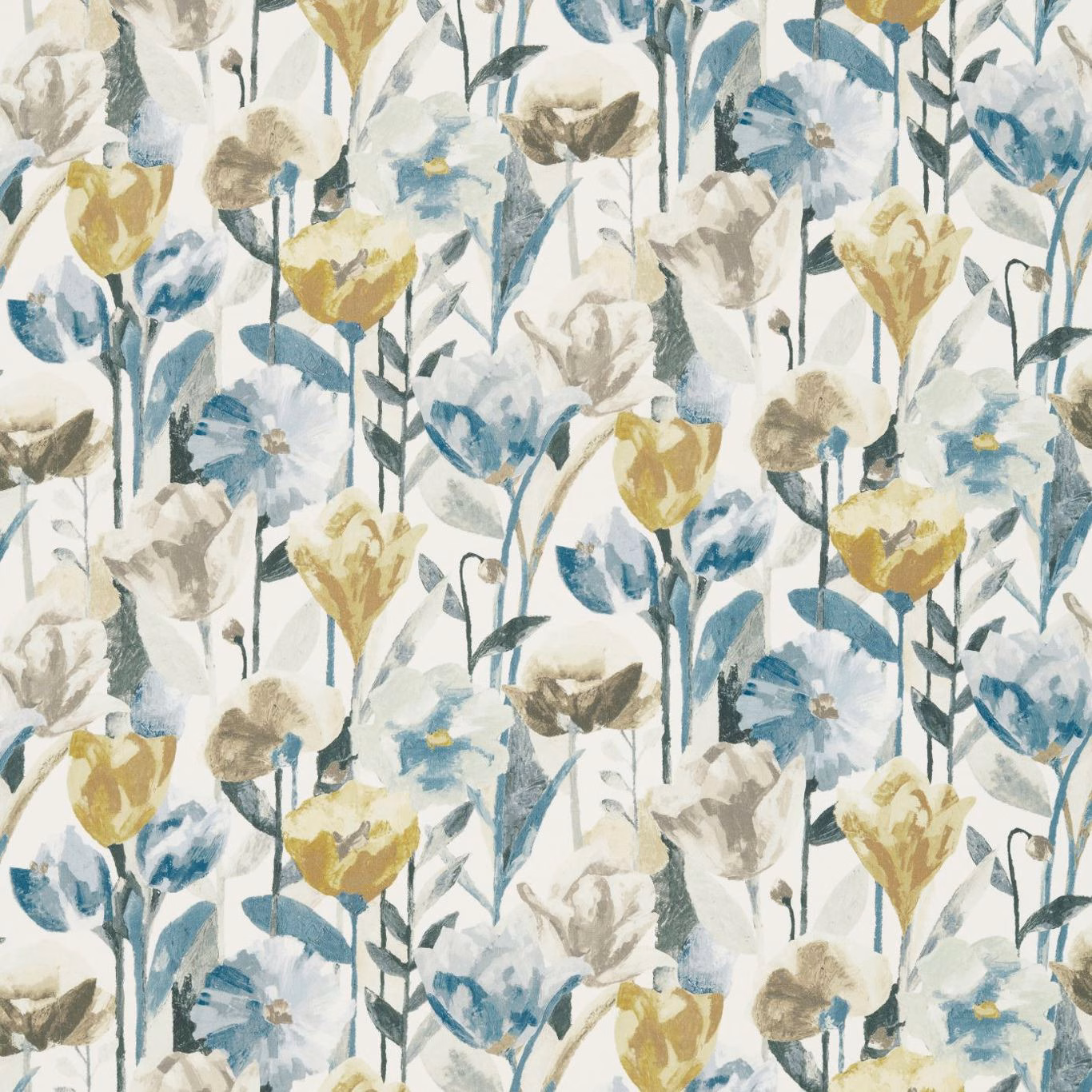 Mustard, blue and seal painterly flowers on a soft cream ground