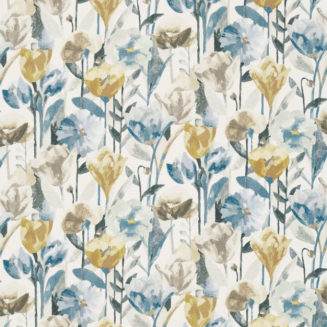 Mustard, blue and seal painterly flowers on a soft cream ground