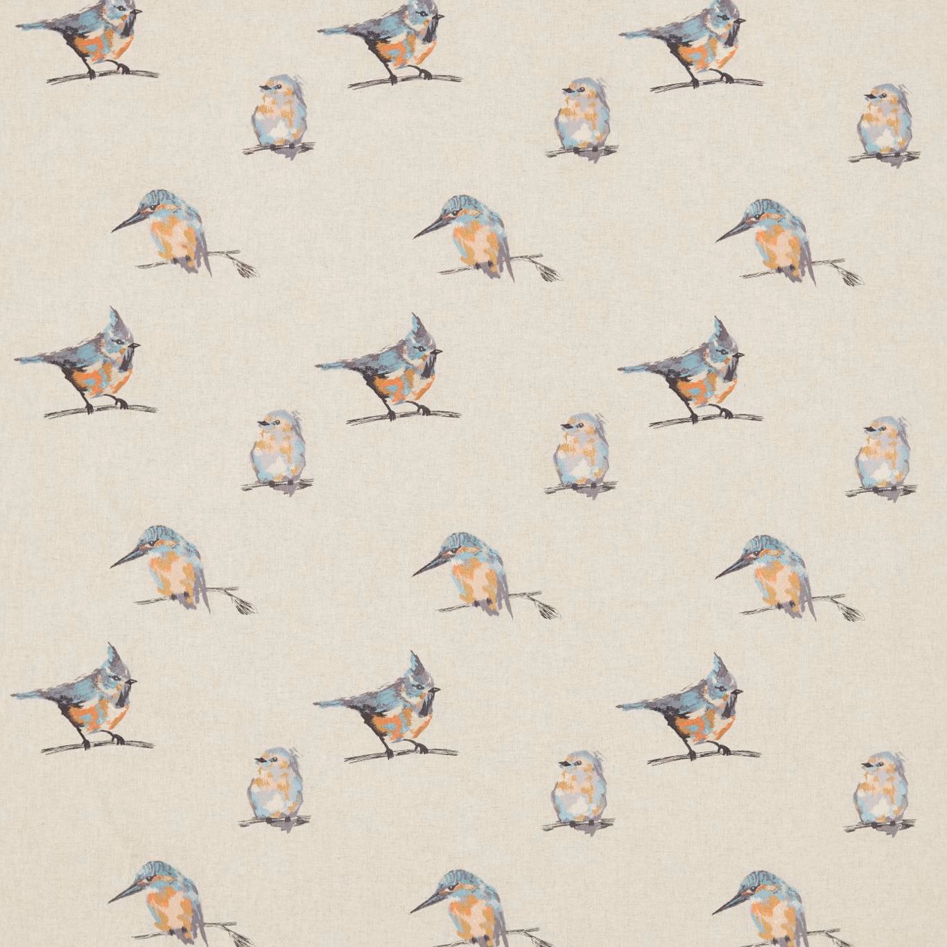 Blush, slate and sky embroidered birds scattered across a warm ivory textile