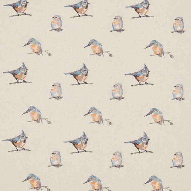 Blush, slate and sky embroidered birds scattered across a warm ivory textile