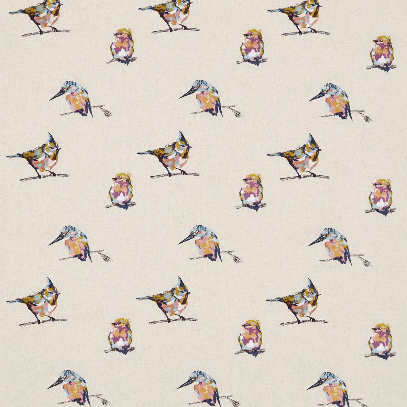 Cream embroidered fabric with damson and plum birds, lime and blue accents