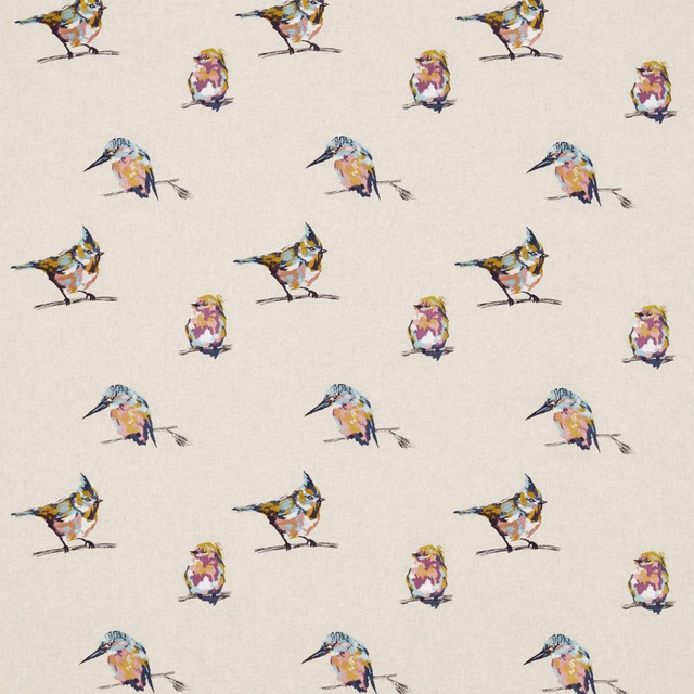 Cream embroidered fabric with damson and plum birds, lime and blue accents