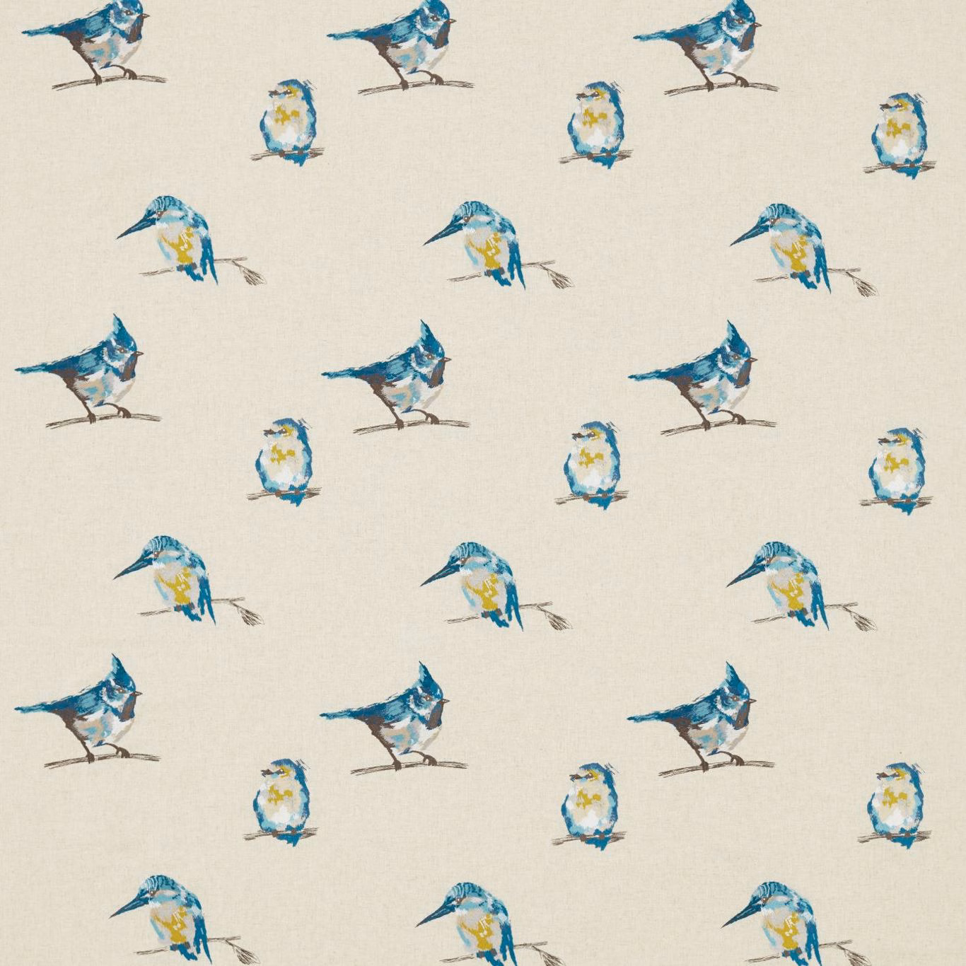 Ivory embroidered fabric with indigo and sky-blue birds and lime accents
