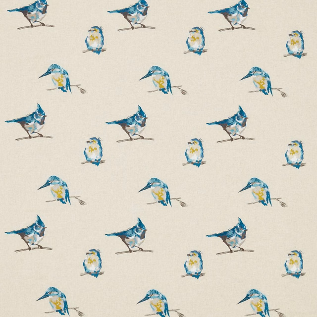 Ivory embroidered fabric with indigo and sky-blue birds and lime accents