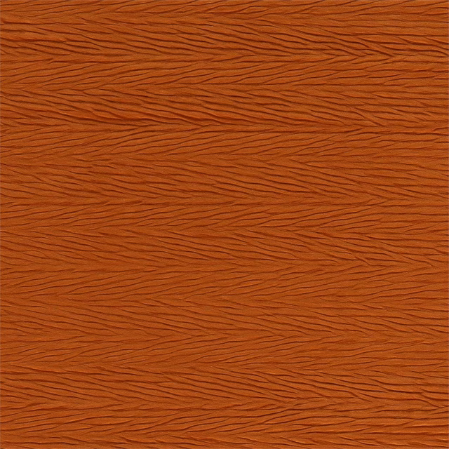 Amber-rust woven fabric with fine dark undulating horizontal lines and tactile ridged texture