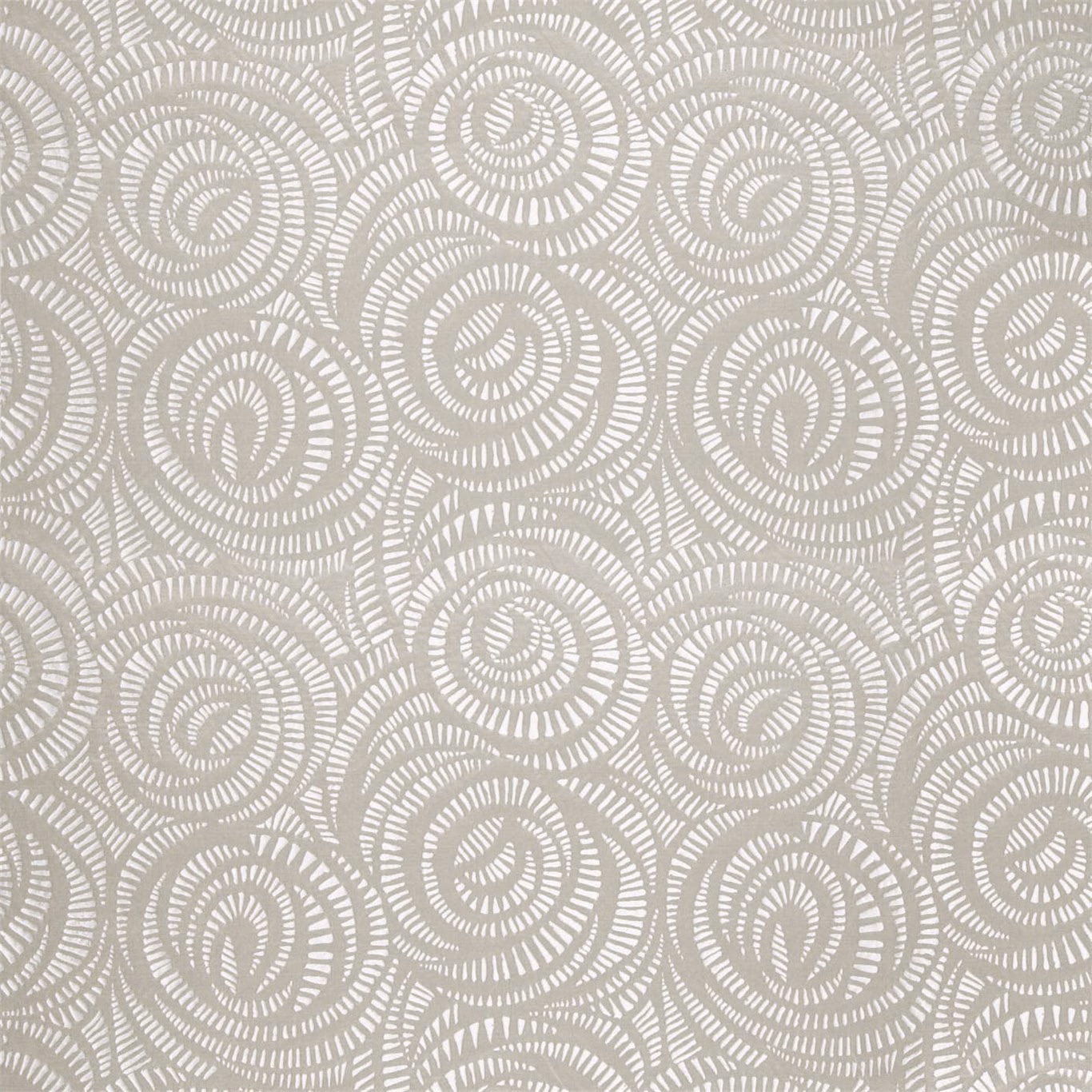 Pale steel-grey textile with chalk-white concentric spiral motifs and a softly woven surface