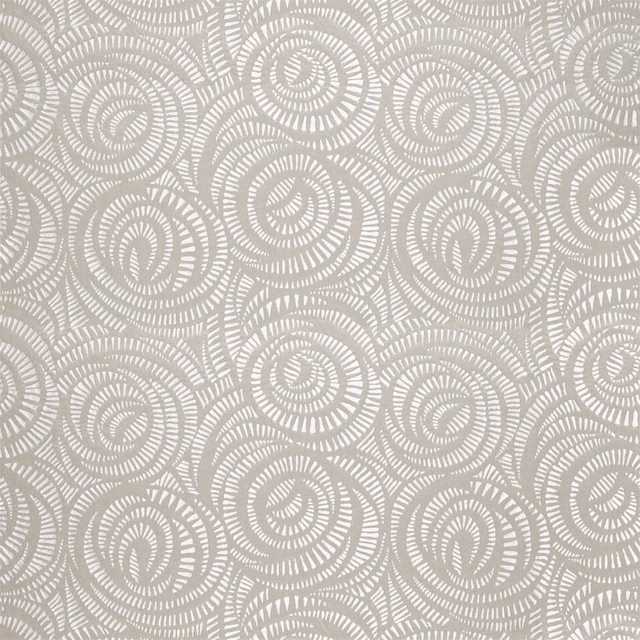 Pale steel-grey textile with chalk-white concentric spiral motifs and a softly woven surface