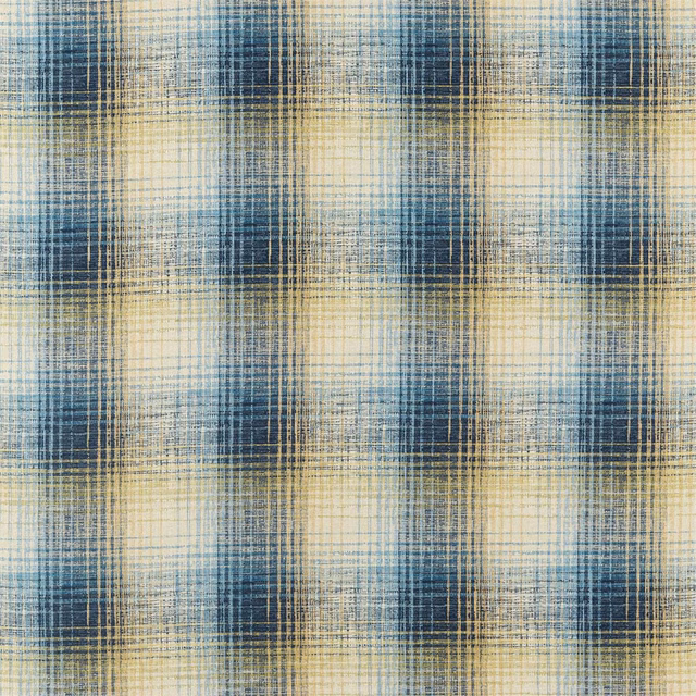 Close-up of muted denim blue, ochre and cream woven check with fine gridded texture