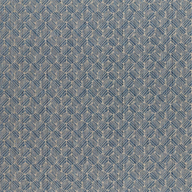 Cool denim-blue woven upholstery with small angular motifs and pale flax highlights