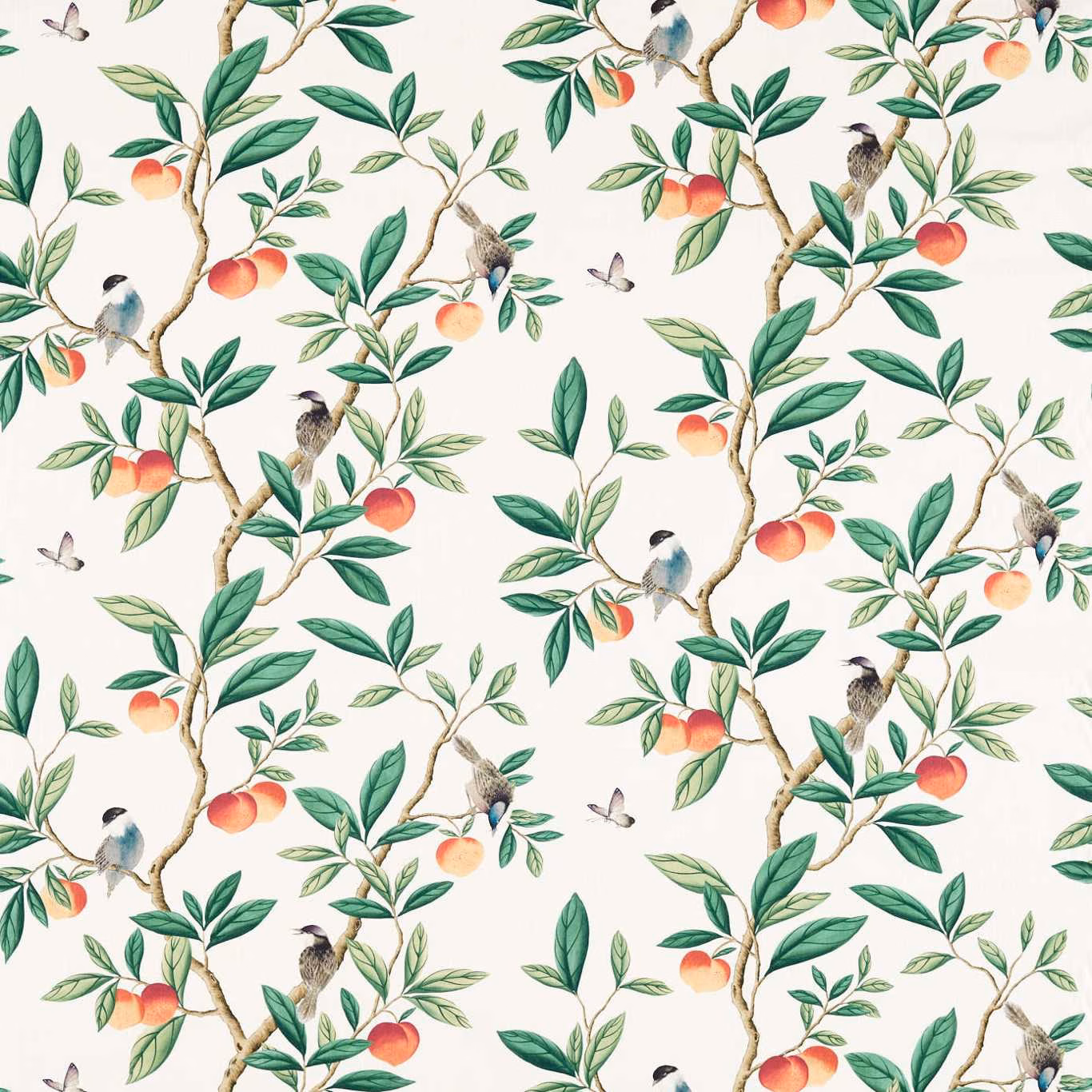 Cream fabric with green branches, perched birds and coral-peach fruit