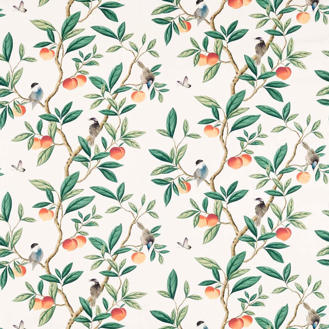 Cream fabric with green branches, perched birds and coral-peach fruit
