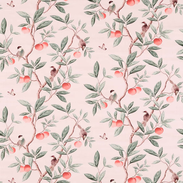 Powder-pink botanical fabric with sage leaves, peach fruit, birds and butterflies