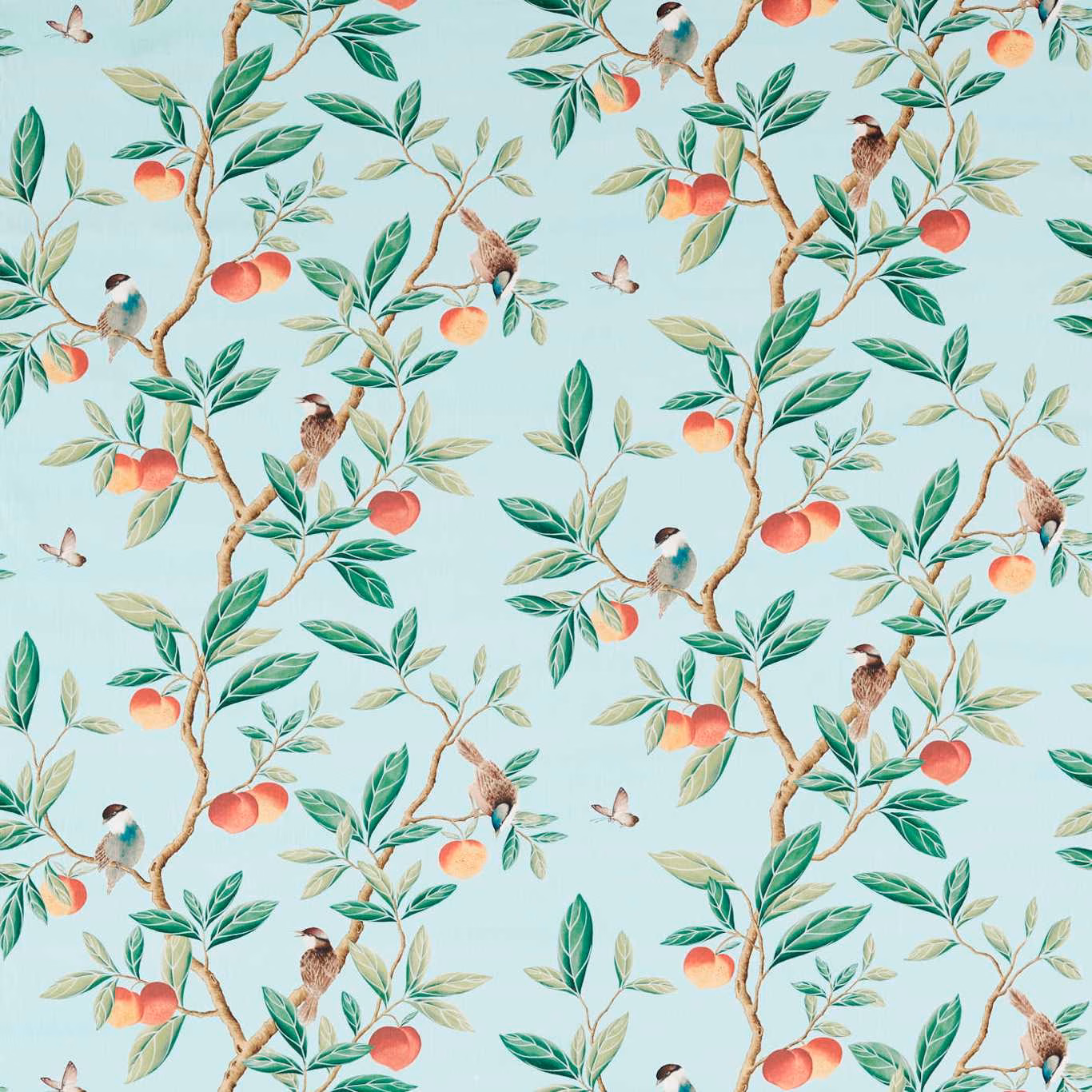 Pale aqua fabric with green branches, coral fruit and perched birds