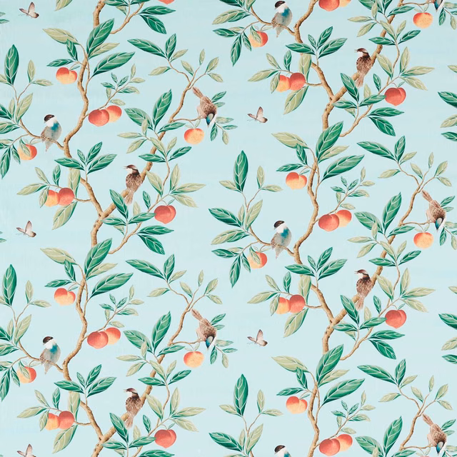 Pale aqua fabric with green branches, coral fruit and perched birds