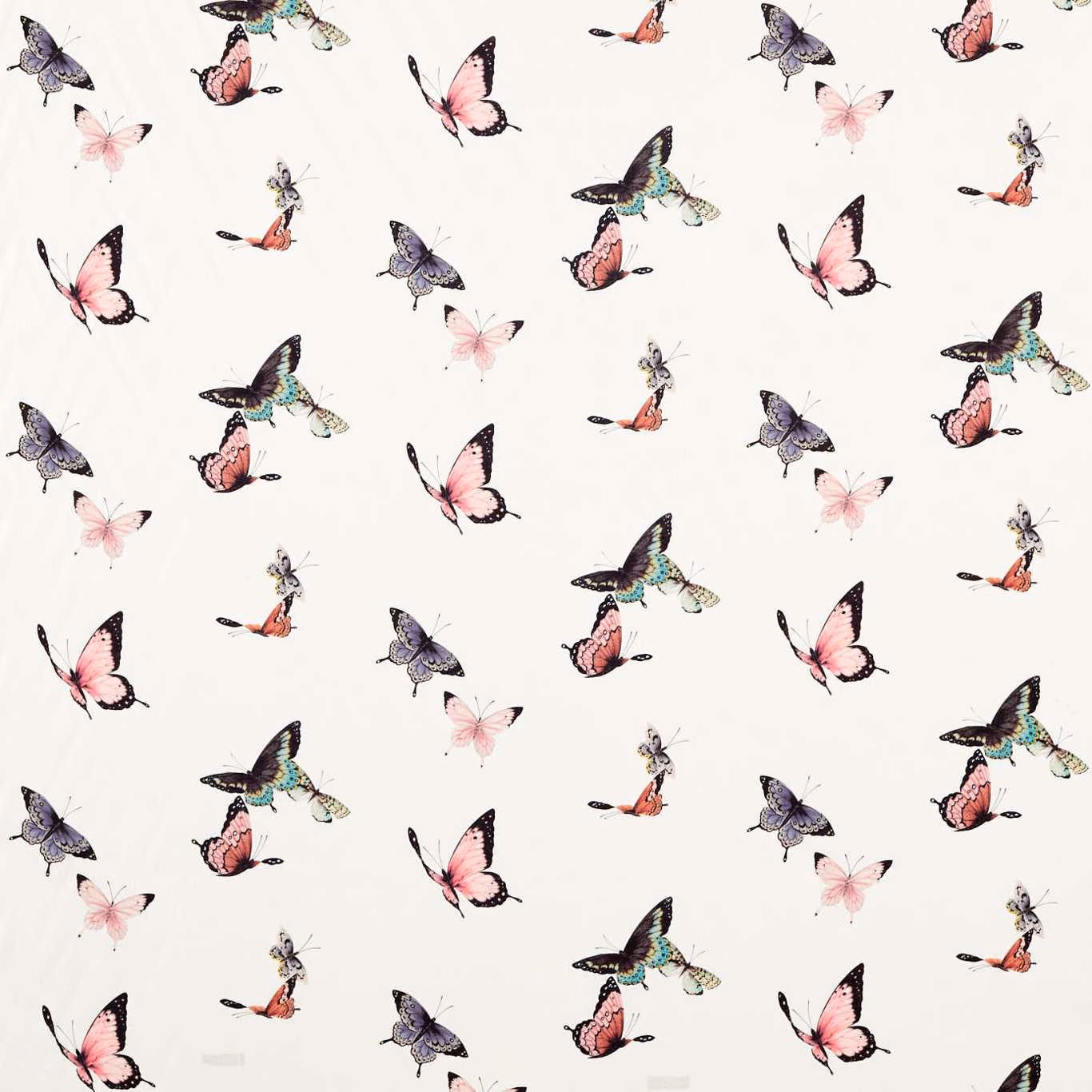 Chalk fabric with rose butterflies, lavender wings and sky-blue hummingbirds