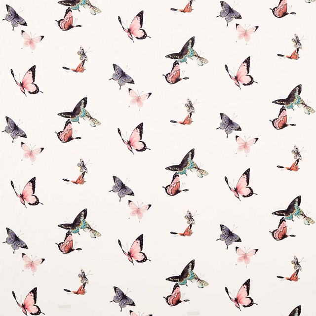 Chalk fabric with rose butterflies, lavender wings and sky-blue hummingbirds