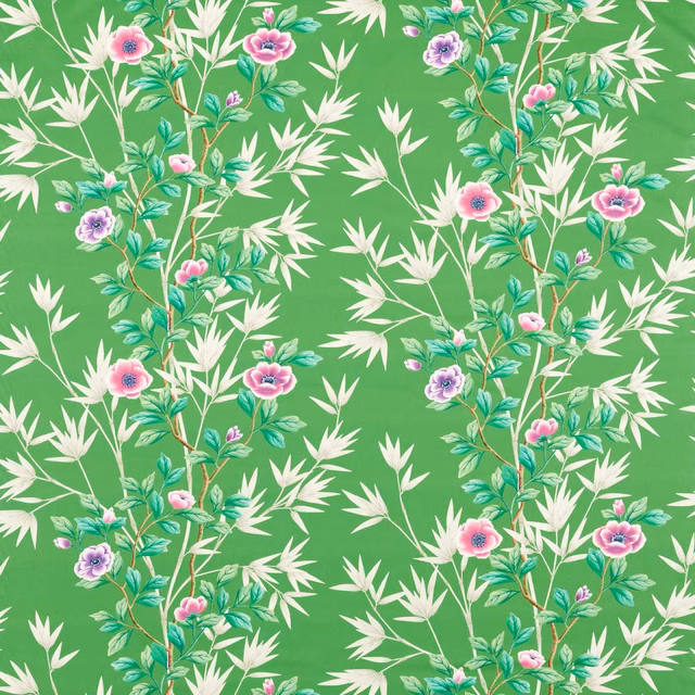 Apple-green botanical fabric with ivory leaves and pink magenta flowers