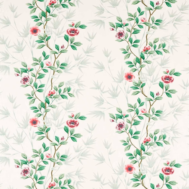 Cream fabric with magenta flowers, green branches and pale leafy shadow foliage
