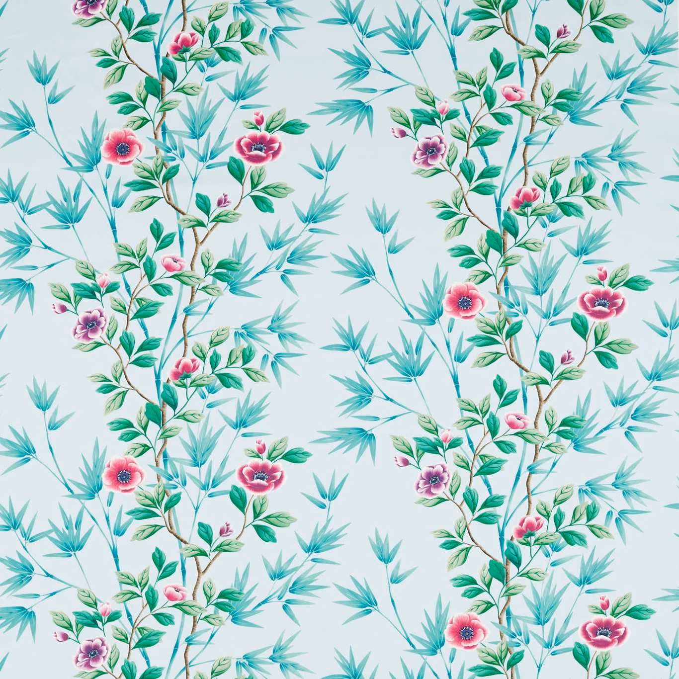 Pale aqua floral fabric with turquoise leaves and vivid magenta blossoms