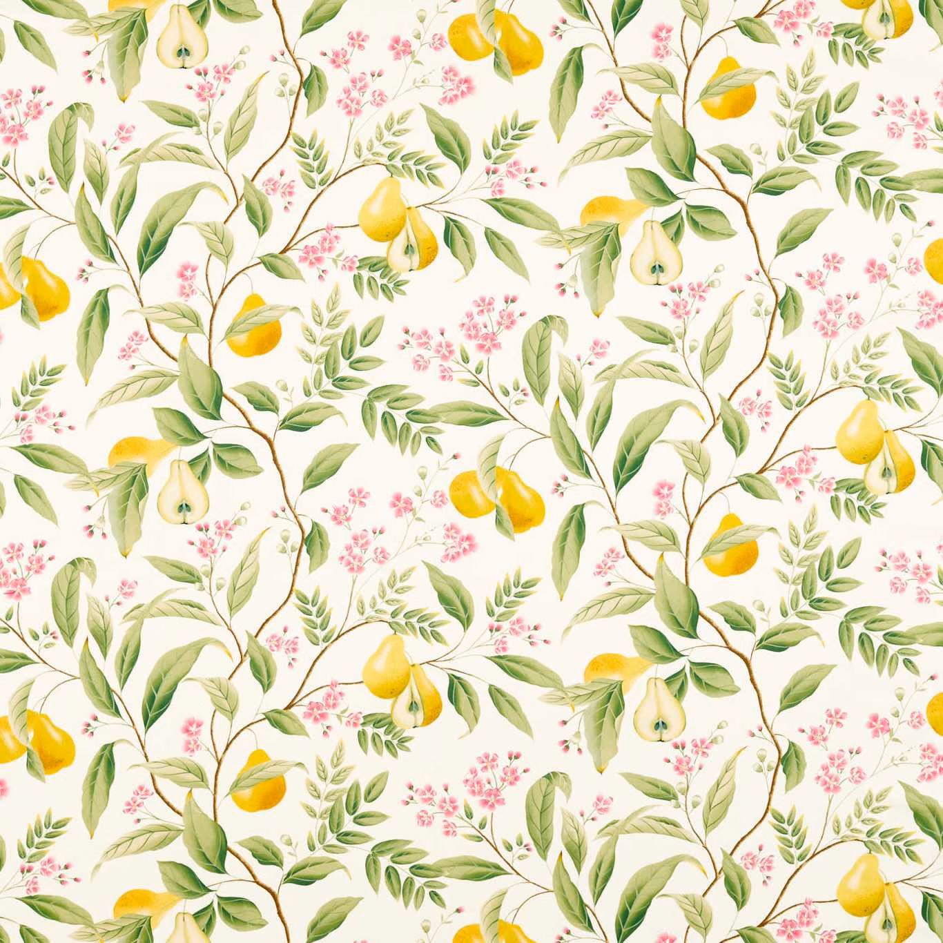 Cream botanical fabric with yellow pears, citrus, green leaves and pink blossom